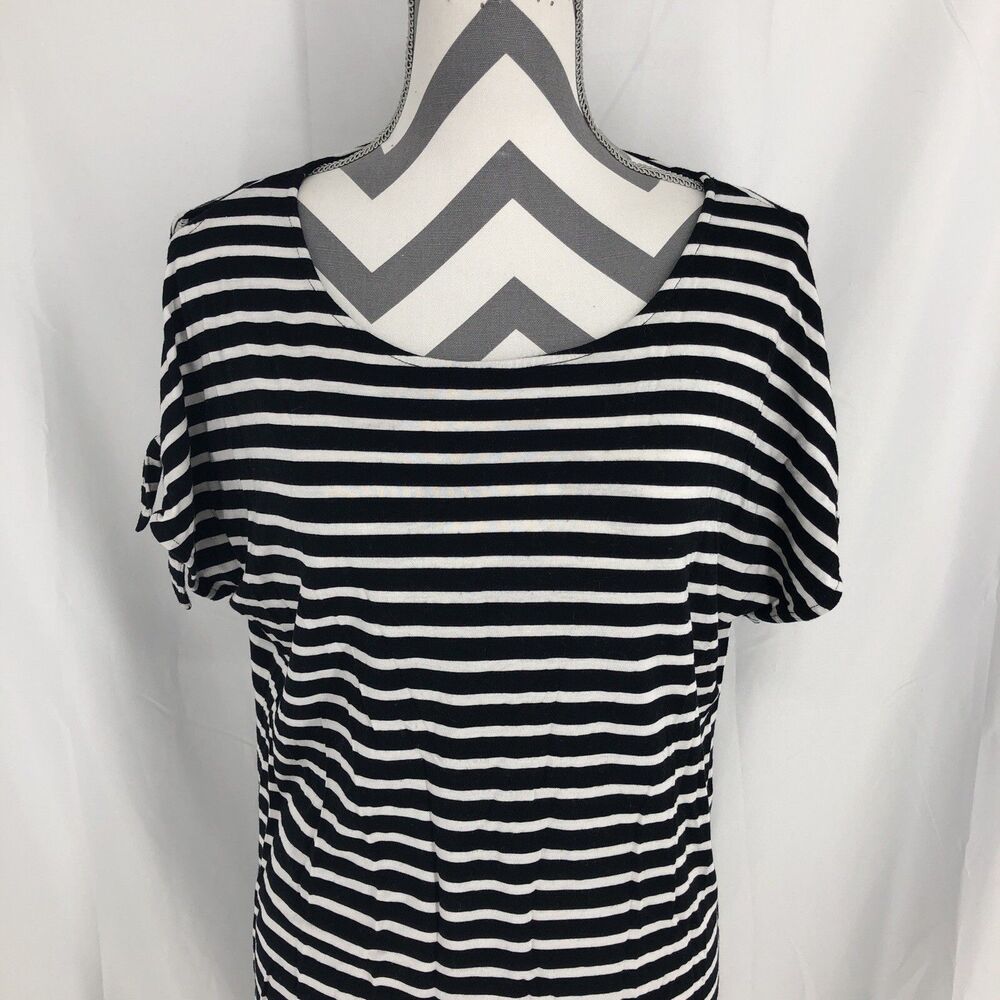 Calvin Klein Short Slit Tie Grommet Sleeve Black White Striped Dress Small